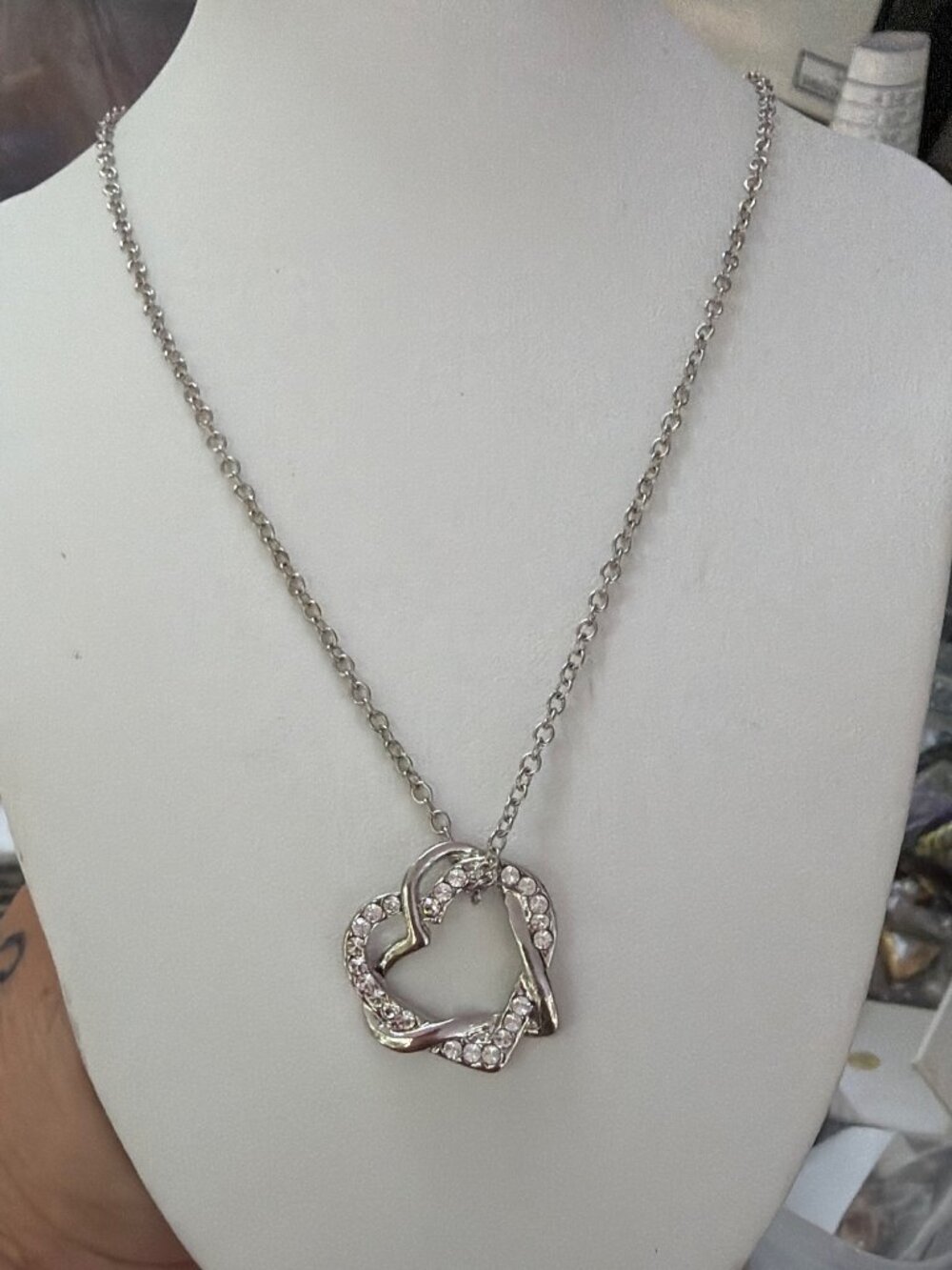 Silver Tone Entwined Hearts Pendant Necklace Pave Crystal Adj 20" Love Valentine